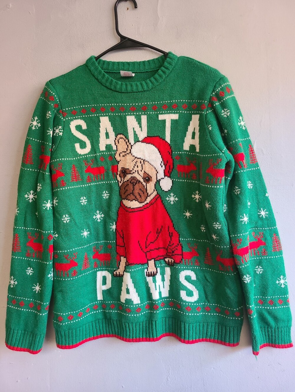Youth XL / women small ugly Christmas sweater green fair isle "Santa paws" dog